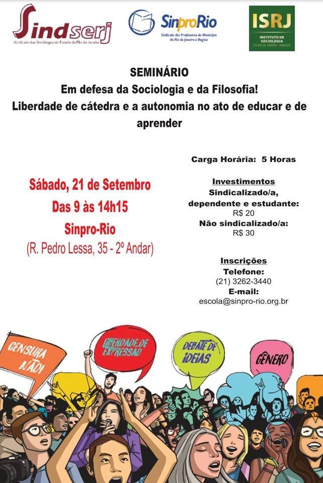 SEMINÁRIO EM DEFESA DA SOCIOLOGIA E DA FILOSOFIA: 21/09, no Sinpro-Rio