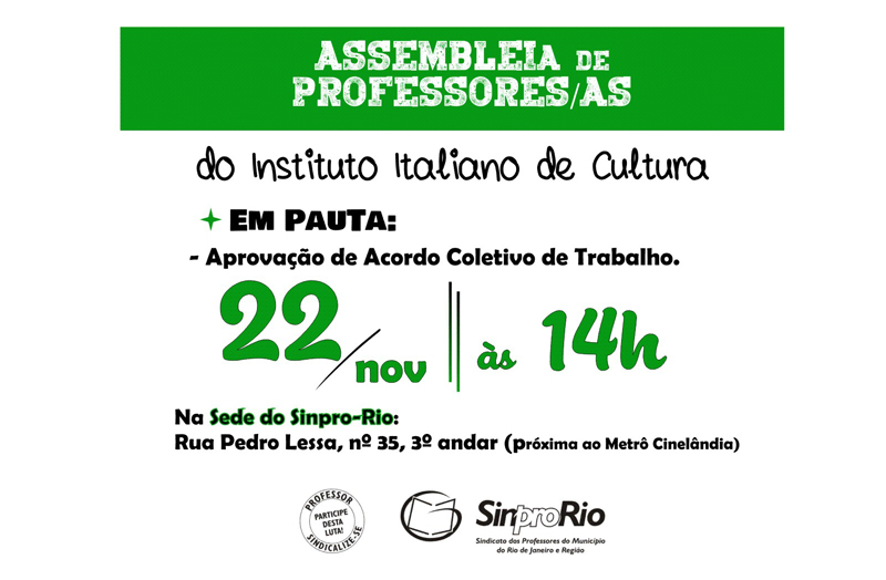 Instituto Italiano de Cultura: assembleia 22/11, no Sinpro-Rio