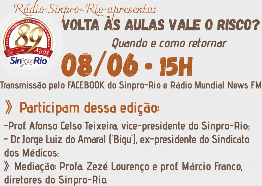 Rádio Sinpro-Rio abordará a volta às aulas no dia 08/06, às 15h