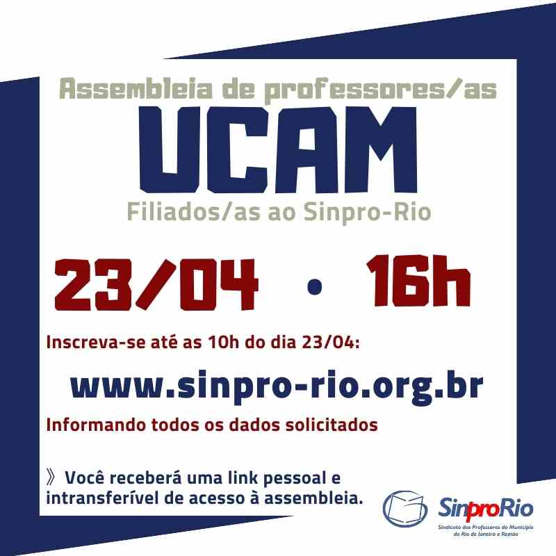 UCAM – assembleia de filiados/as ao Sinpro-Rio: 23/04, às 16h!