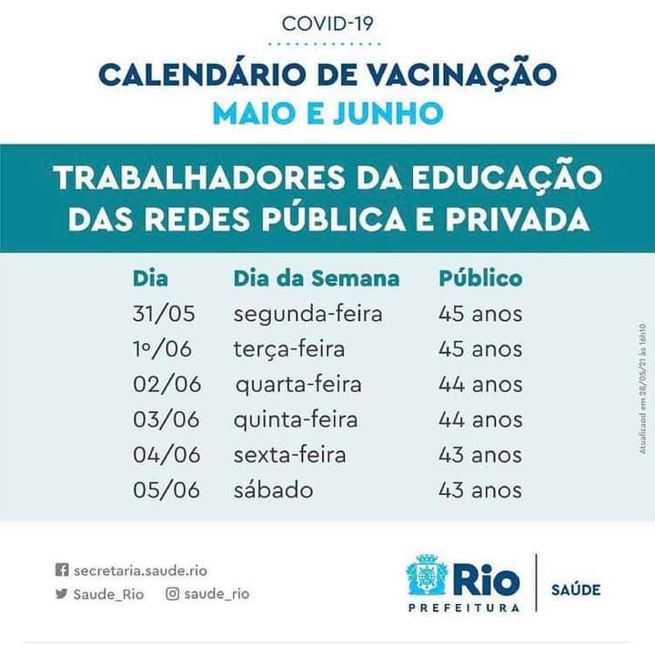 Calendário de vacinação: docentes de 45 a 43 anos