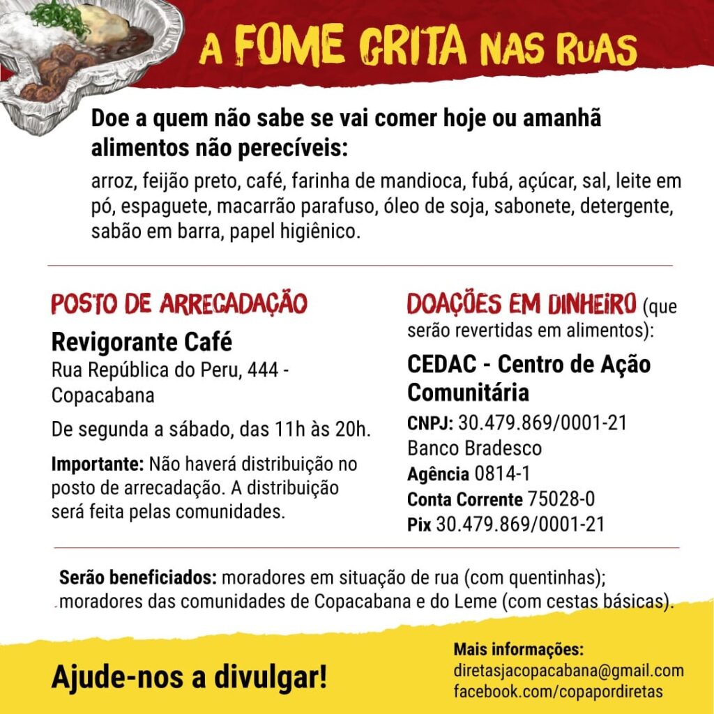 Copacabana por Diretas e Direitos convida você a participar da Campanha “A fome grita nas ruas”