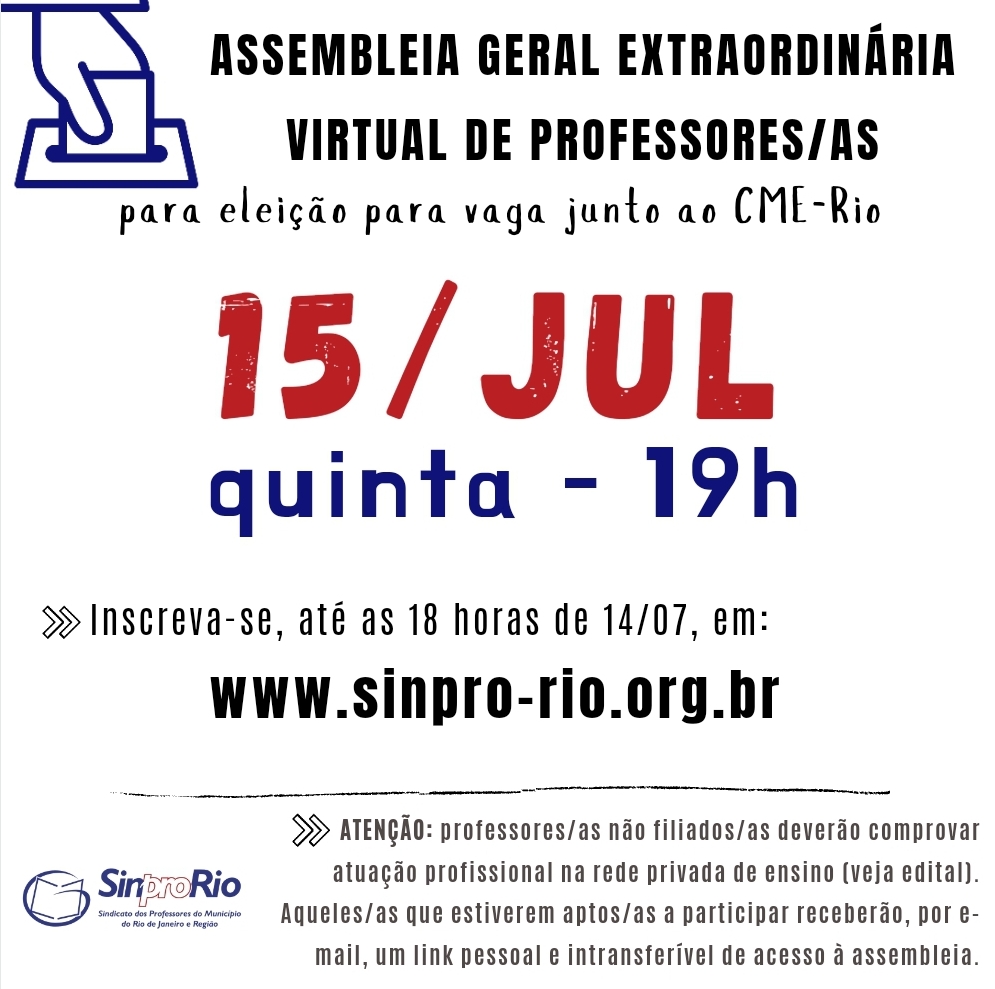 Assembleia de eleição para CME Rio: dia 15/07, às 19h