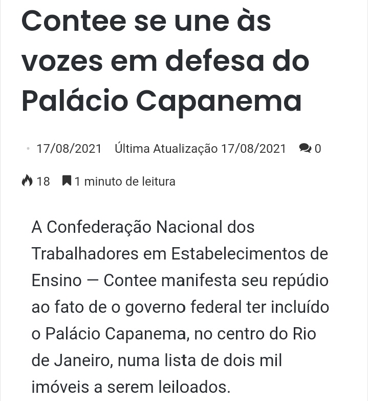 Contee se une às vozes em defesa do Palácio Gustavo Capanema