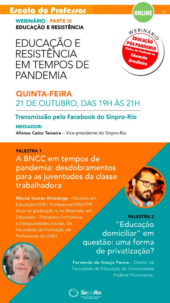 Palestra: “Educação e Resistência em tempos de Pandemia” – 21/10, às 19h