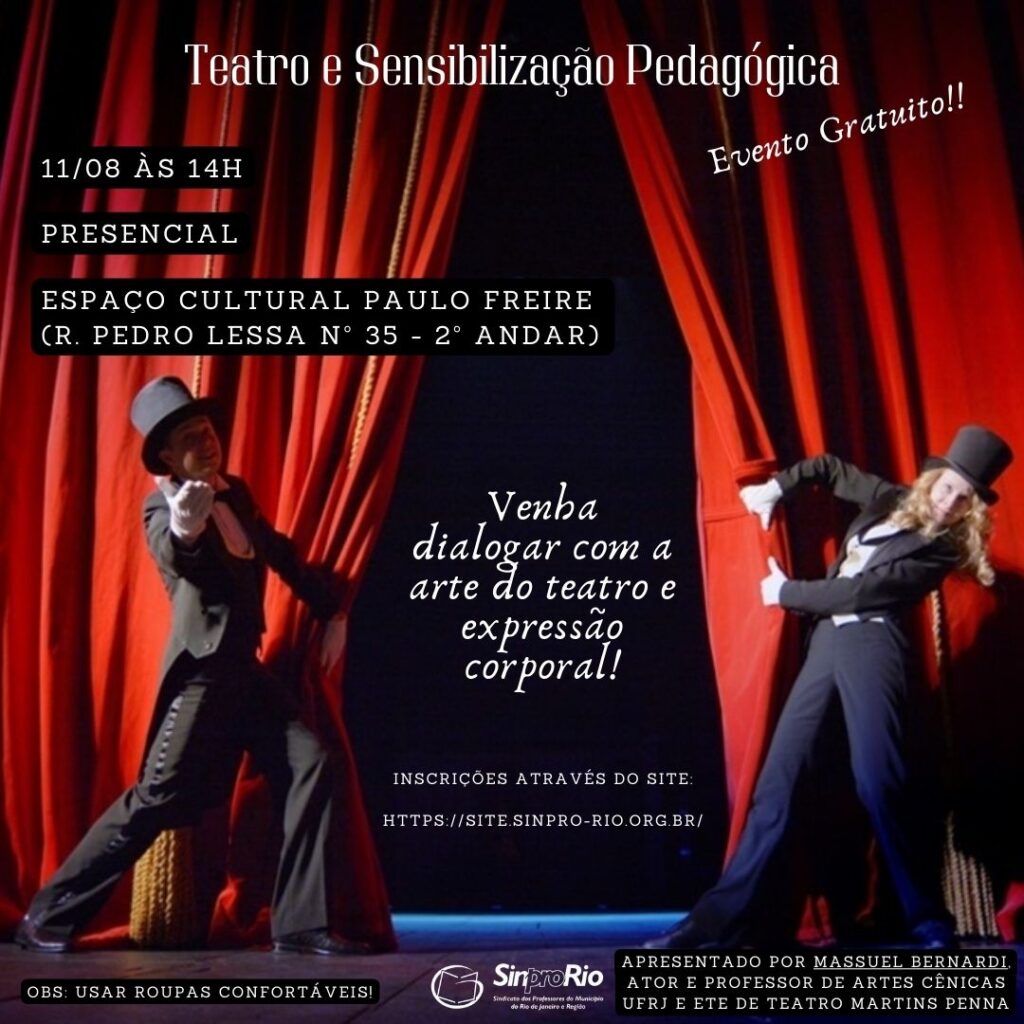 Palestra gratuita: “Teatro e Sensibilização Pedagógica”; dia 11/8, 14h. Participe!