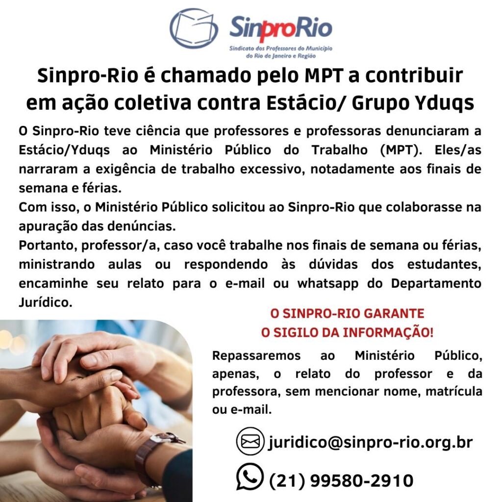 Sinpro-Rio é chamado pelo MPT a contribuir em ação coletiva contra Estácio/ Grupo Yduqs