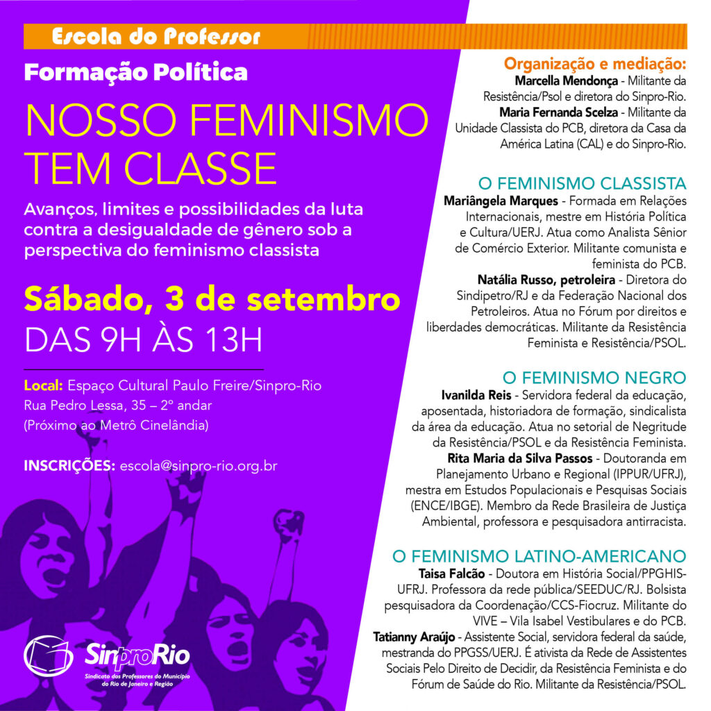 EP: “Nosso feminismo tem classe”, dia 03/9, das 9h às 13h!