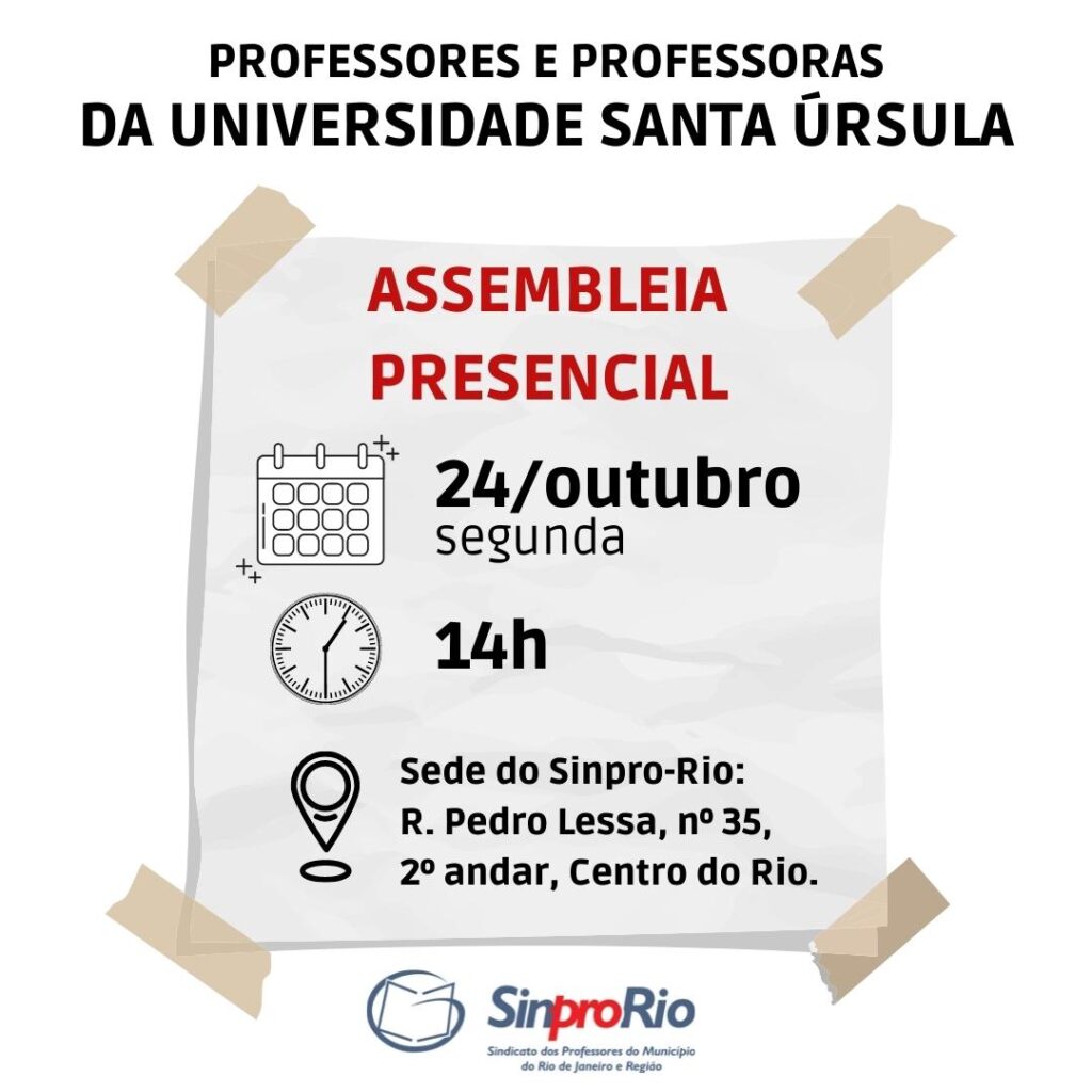 Universidade Santa Úrsula: assembleia dia 24/10, às 14h, na sede do Sinpro-Rio