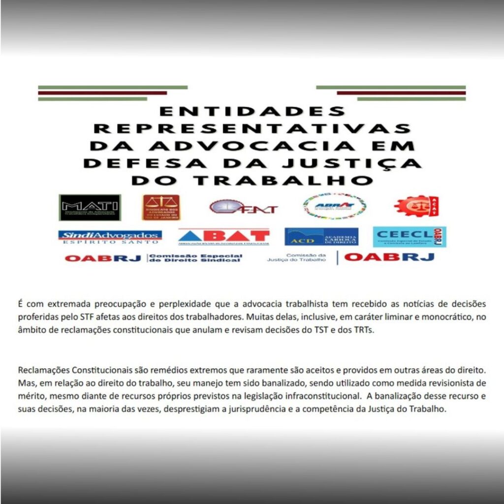 Nota oficial das entidades representativas da Advocacia em defesa da Justiça do Trabalho
