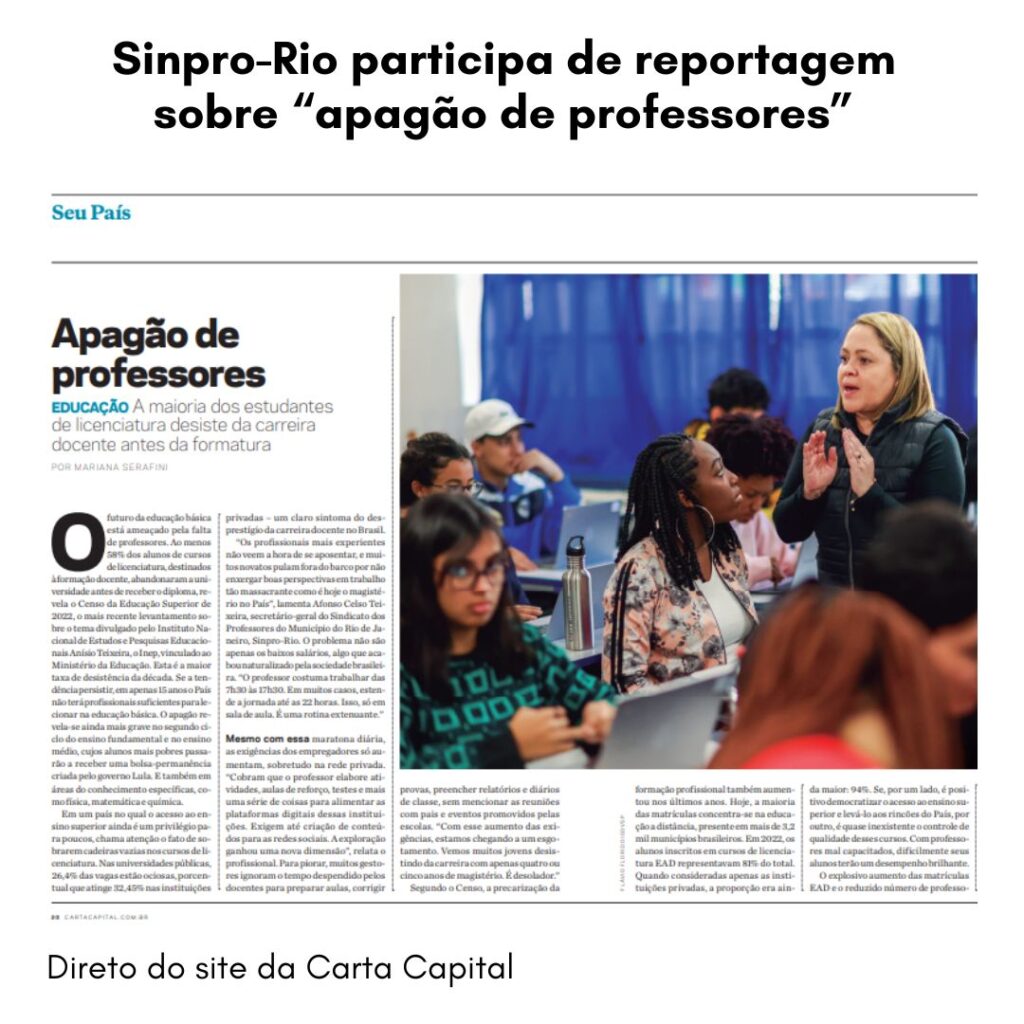 Sinpro-Rio participa de reportagem sobre o “apagão de professores”