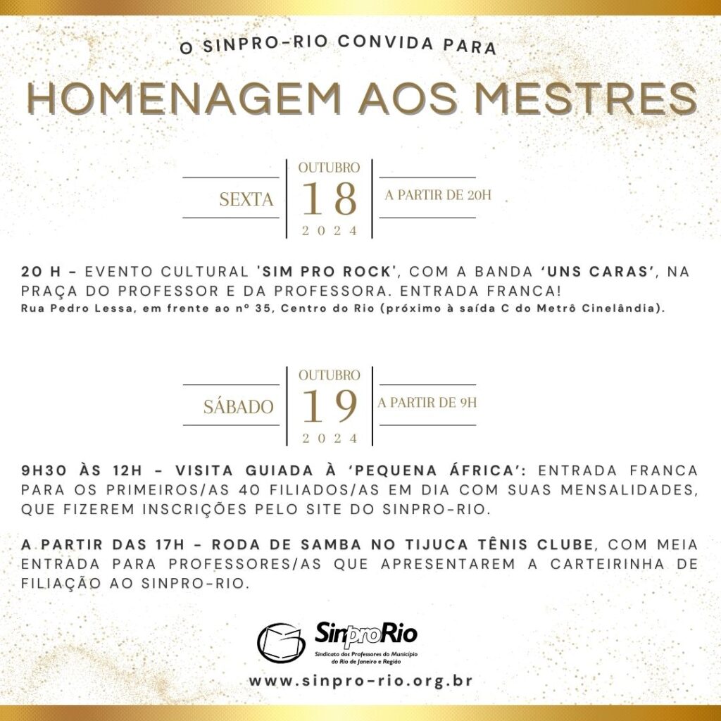 Homenagem aos Mestres: dias 18 e 19 de outubro, venha celebrar conosco!