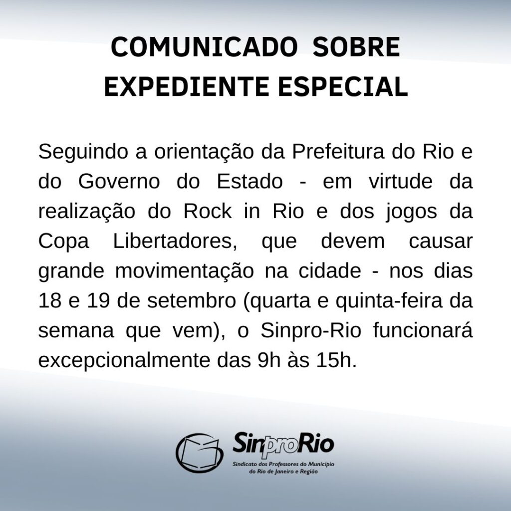 Comunicado: horário especial nos dias 18 e 19 de setembro!