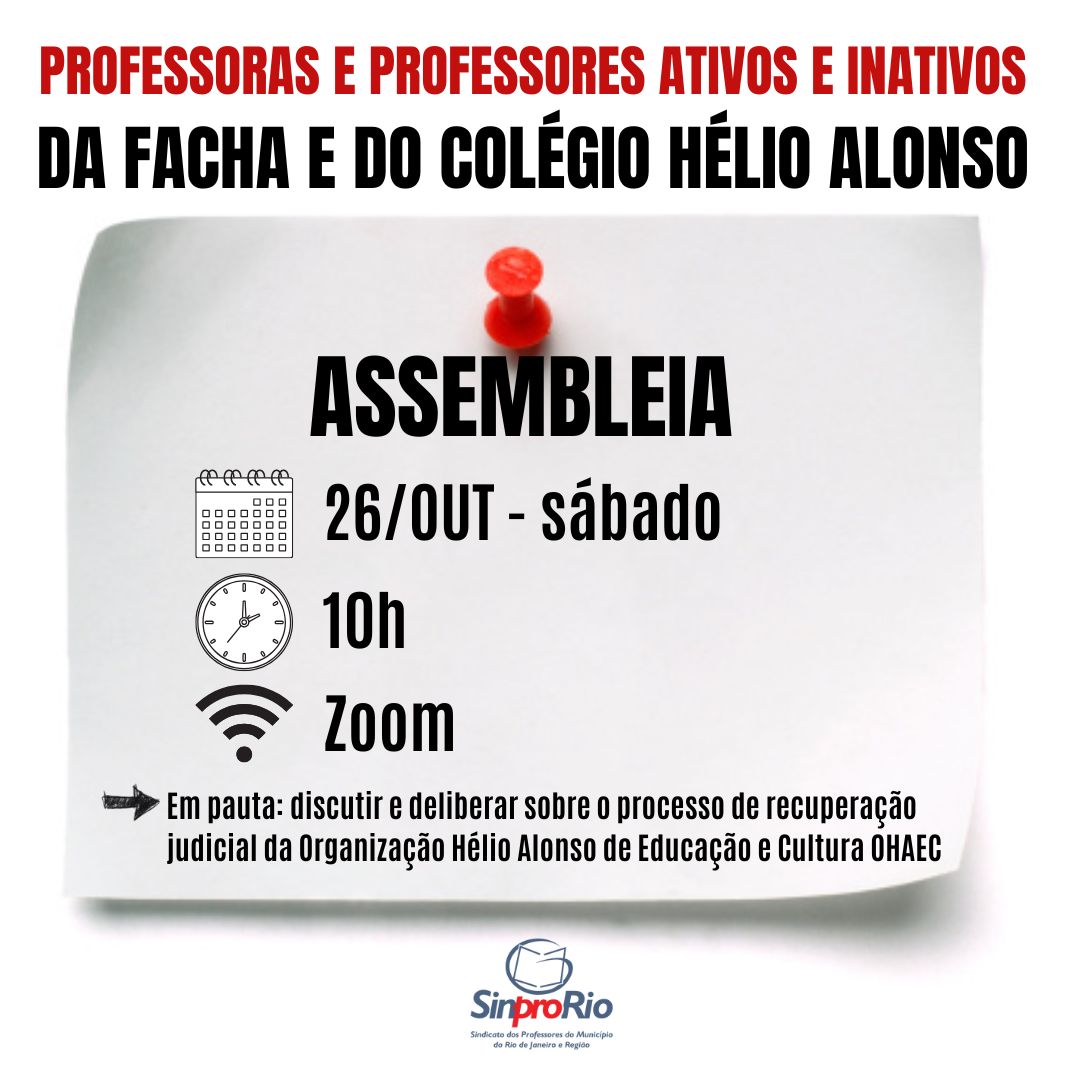 Facha e Colégio Hélio Alonso: assembleia virtual  dia 26/10, sábado, às 10h!